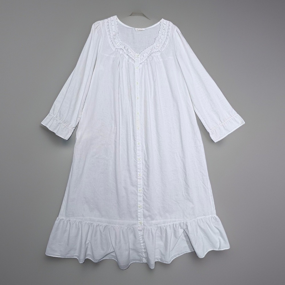 Cachet White Cotton Nightgown Womens Lg Lace Button Ruffle Cottagecore Vintage
